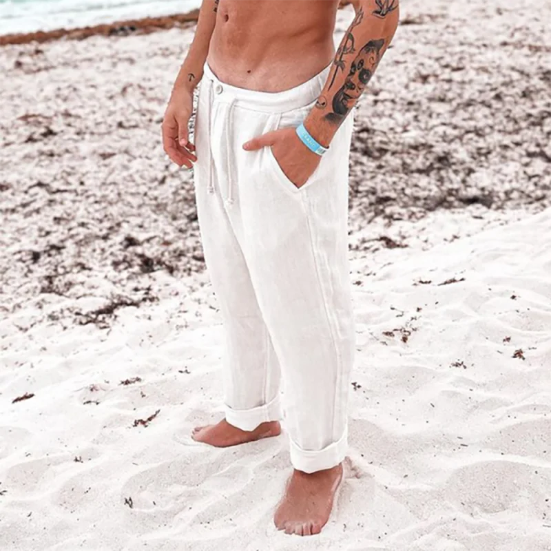 Beach Casual Loose Drawstring Linen Cotton Pants Spring New Men Clothing Solid Color Outdoor Trousers For Male S M L 2XL