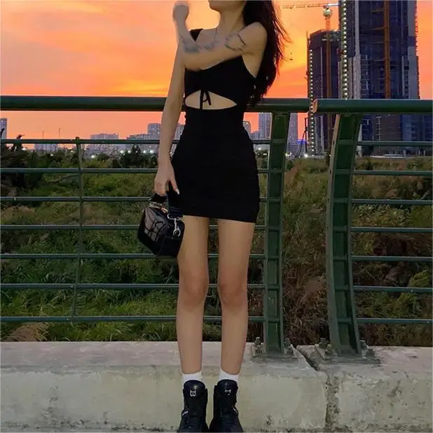 여성용 섹시한 미니 원피스, 민소매 스트랩, 백리스 폴드 바디콘, 블랙 원피스 파티, 우아한 A라인 드레스, 스트리트웨어, 여름