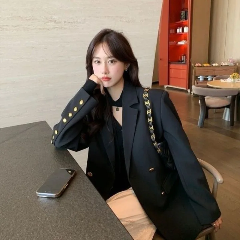 Gold Buttons Black Blazer Women Clothing Spring Autumn Suit Jacket Long Sleeve Outerwear Business Lady Office Coat Blazers New