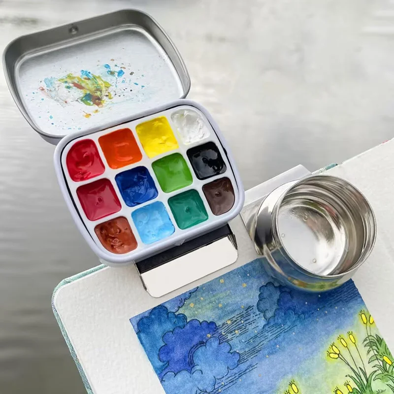 Watercolor Paint Palette 12 grid Mini Tin Box Portable Travel Painting Paint Tray
