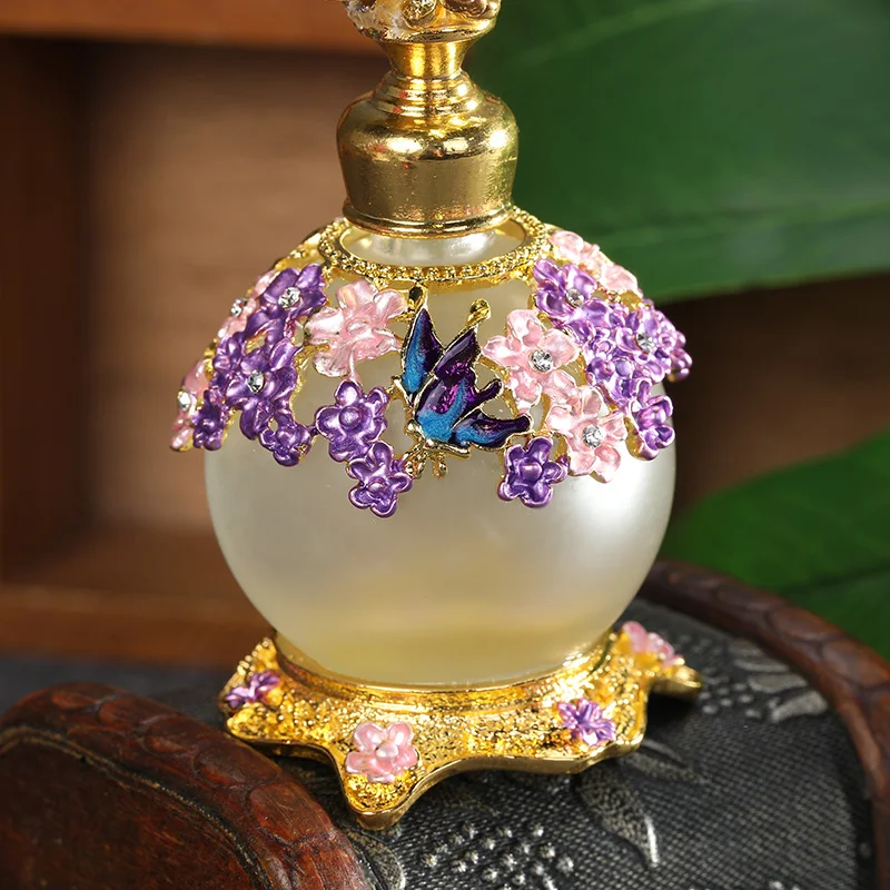 Gold Purple Pink Flowers Glass Perfume Bottle With Metal Butterfly Lid Empty Refillable 25ml Round Frost Fragrance Containers 3