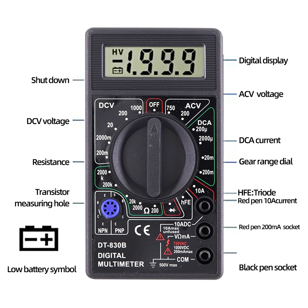 DT-830B LCD Digital Multimeter Mini Handheld Multimeter For Voltmeter Ammeter AC/DC 750/1000V Ohm Tester Meter With Probe digital multimeter multimeter tester