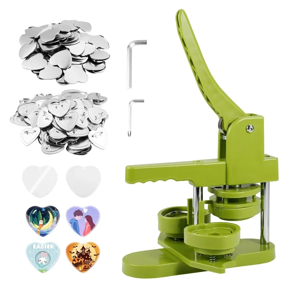 DIY Button Badge Maker Machine Heart Shape Pin Punch Press Mold Making Machine with 100 Sets of Blank Badge Materials