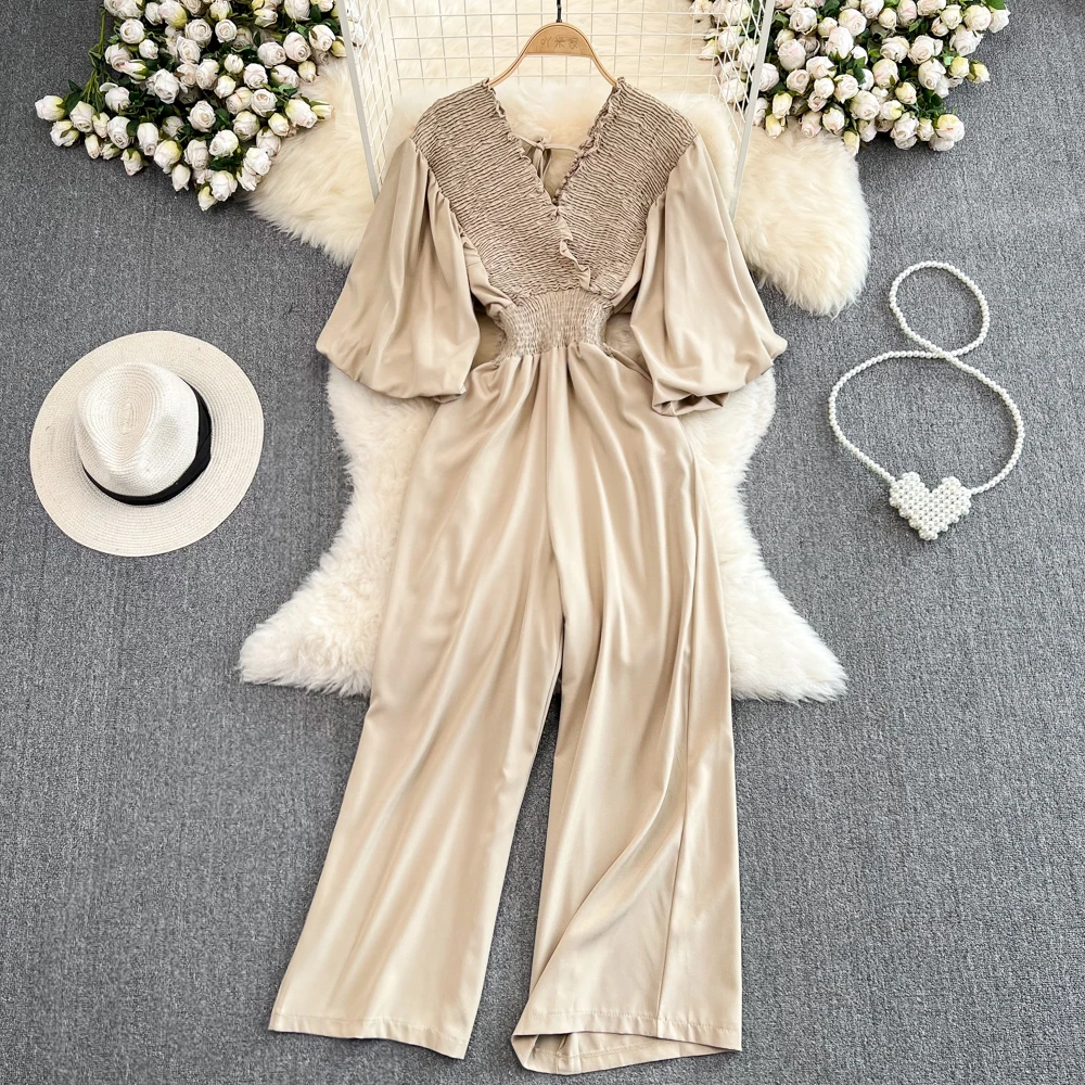 

Vintage Women Summer Jumpsuit Korean Style Temperament V Neck Puff Short Sleeve Solid Color Simple Casual Wide Leg Pants