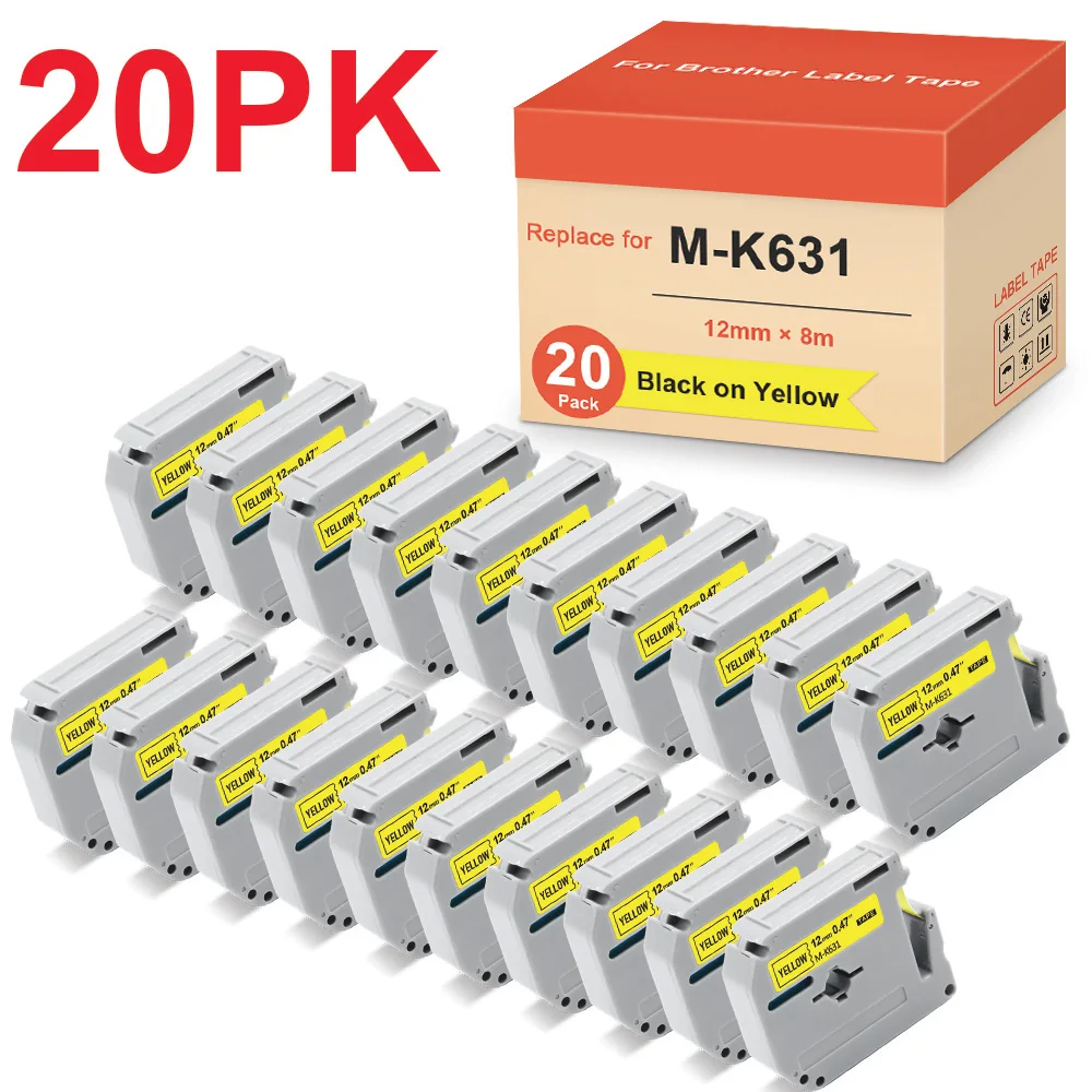 

20PK, 12 мм Φ, Совместимость с Brother MK631 MK 631, черная на желтой ленте для Brother P Touch Label Maker Φ 65