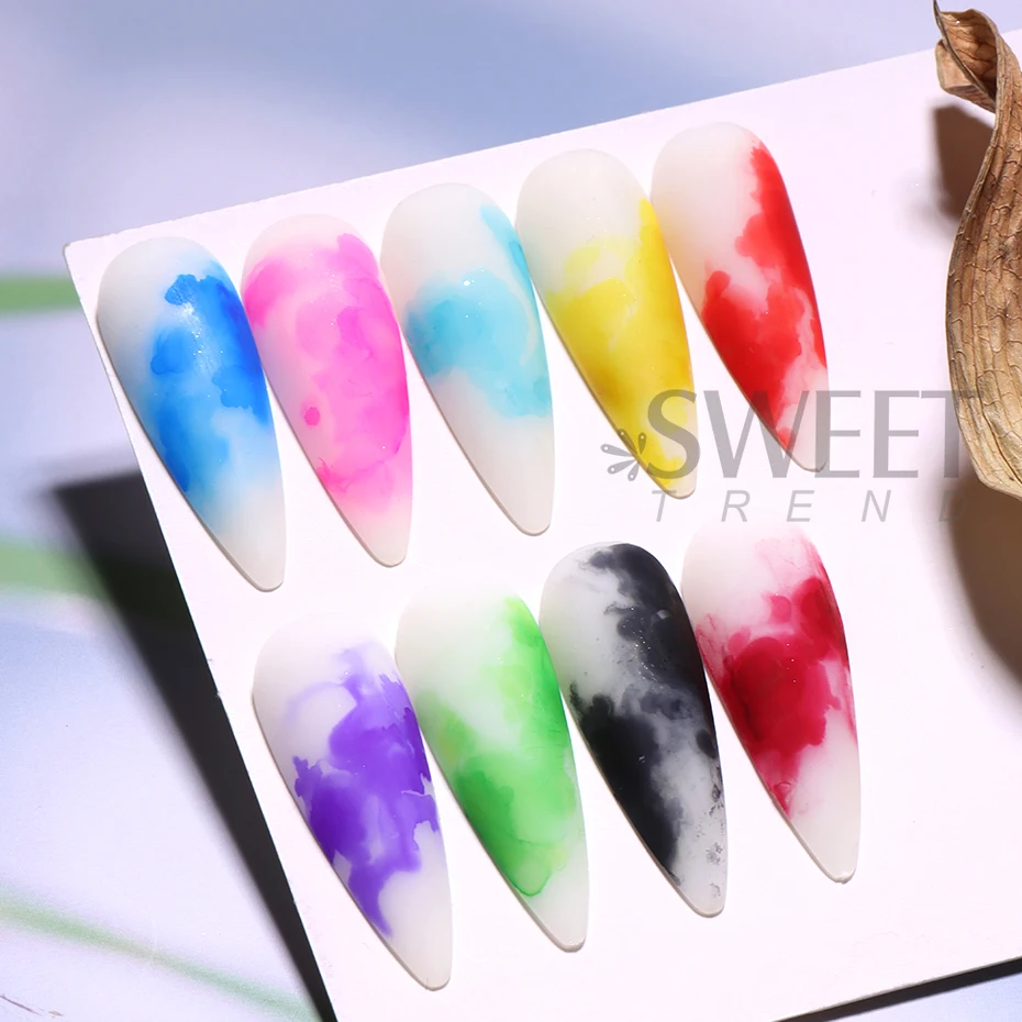 10 Bottle Blooming Watercolor Ink Nail Polish Kits 10ml Blossom Gradient Nail Liquid Soak Off Colorful Smudge Bubble Gel Varnish