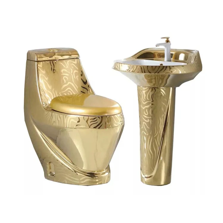 Electroplated Golden Color Modern Bathroom Sanitary Ware Luxury Wc Toilet Bowl and Pedestal Basin Sink Ceramic Gold Toilet Set