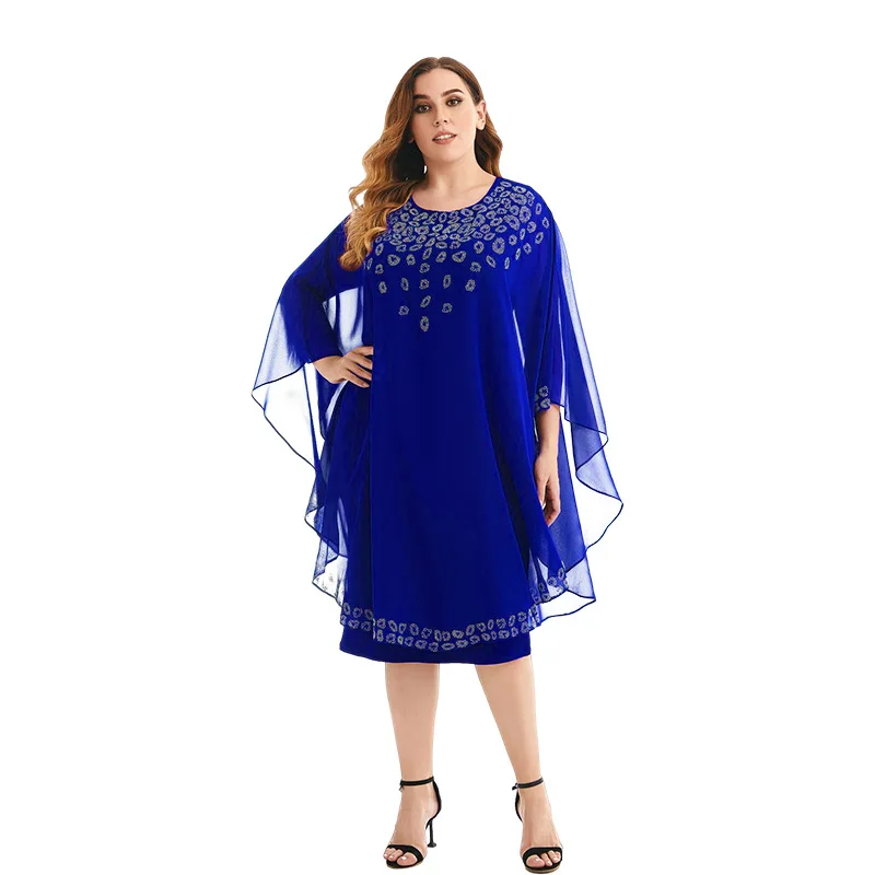 

Summer hot fix rhinestone cape dress Casual batwing long sleeve chiffon loose midi dress 2022 Blue/green/purple/burgundy clothes