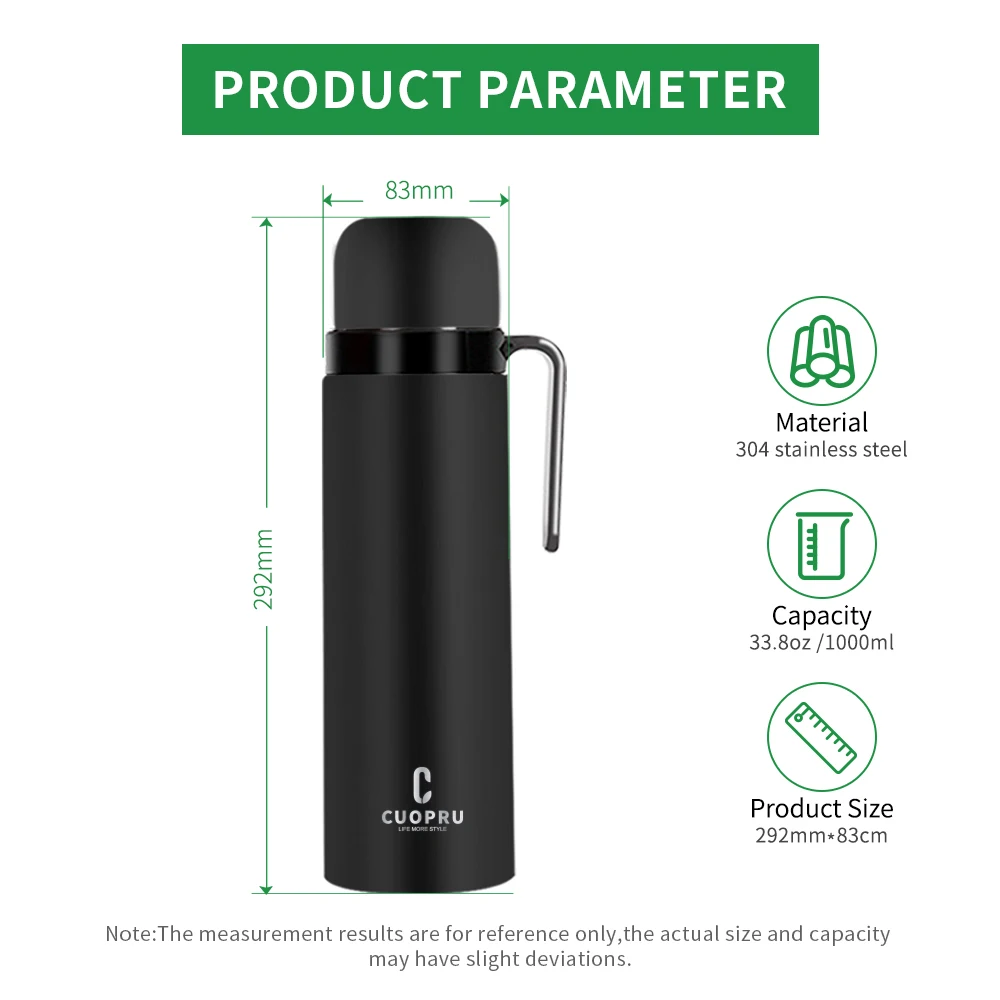 무광 블랙 진공 단열 병, Yerba 메이트, 커피, 차, 물, 33.8 oz 스테인레스 스틸 보온 병 플라스크, 넓은 입