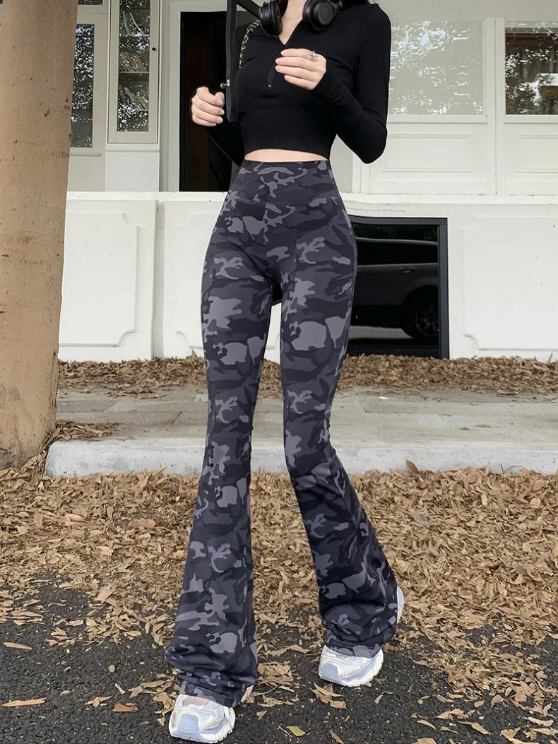 BIVIGAOS 2026 Spring New Camouflage Micro Flared Leggings Women High Waist Slim Fit Fashion Camo Sport Yoga Elastic Flared Pants