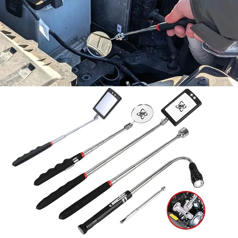 360 °   검사 거울 LED 조명 확장형 텔레스코픽 검사 작업 거울 그립 핸들 포함 자동차 정비 수리 도구