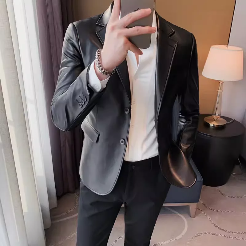 Pu Leather Blazer Jackets For Men High Quality Korean Luxury Clothing Plain Color Mens Blazers Slim Fit Business Formal Wear 4XL