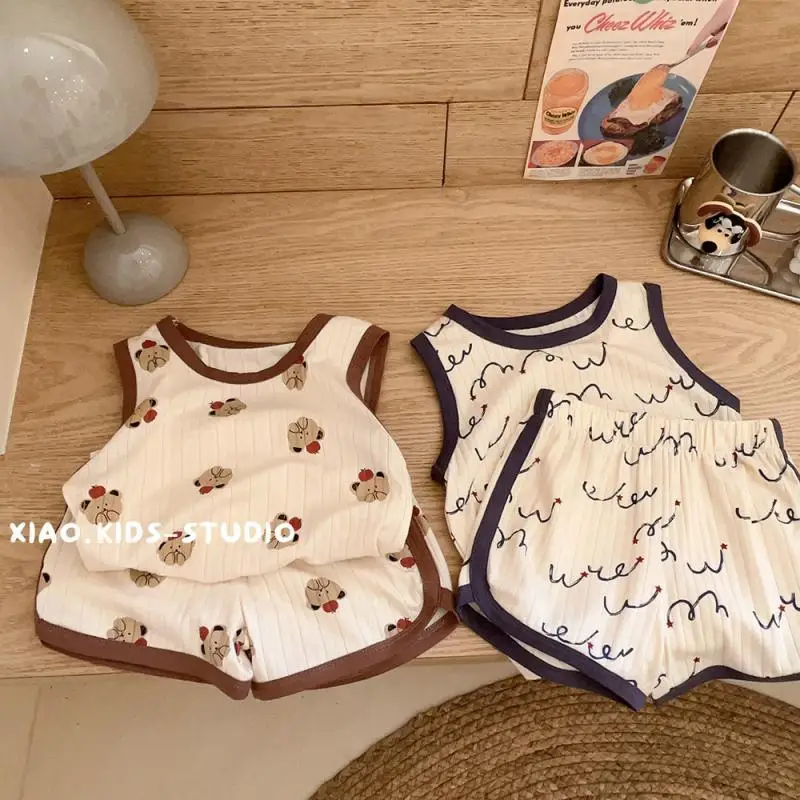 

Summer 2Pcs Children's Sets 2024 Korea Cartoon Bear Girls Boys Vest Shorts 2Pcs Set Toddler Baby Girl Clothes Set 1-5Years