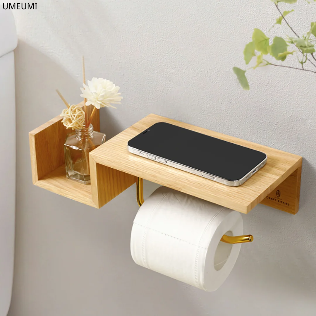 

Bathroom roll paper rack with shelf solid Bathroom Wall Mount wood golden handle designer ins style