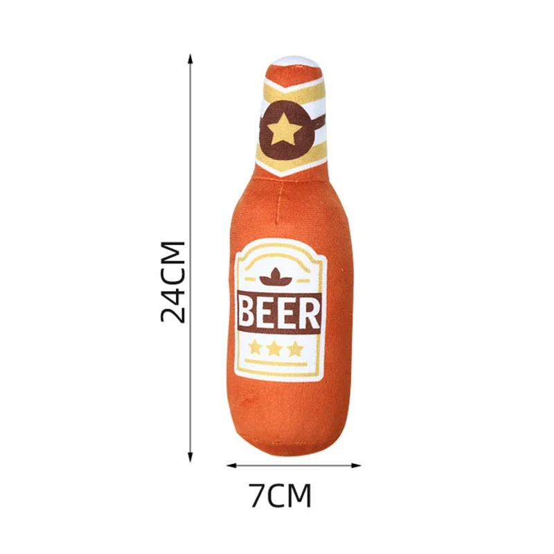 Novelty plush champagne and whiskey bottle squeaky dog toys.