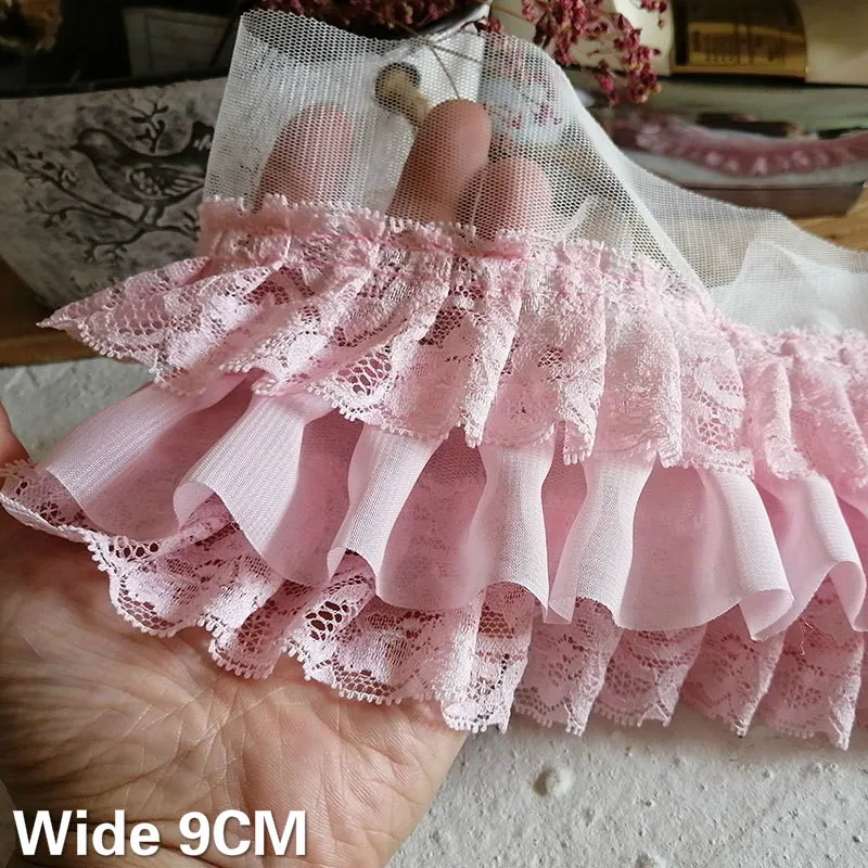 9CM Wide Three Layers Chiffon Lace Applique 3d Flowers Embroidered Fringe Ribbon Sewing Cuffs Collar Skirt Clothing Decor Lace Ribbon Lace Garment Accessories Lace Sewing Supplies