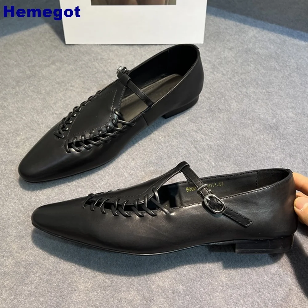 Pointed Toe Woven Leather Roman Shoes 2024 Summer Casual Shallow Buckle Comfort Flat Shoes Black Fashion Women Pumps