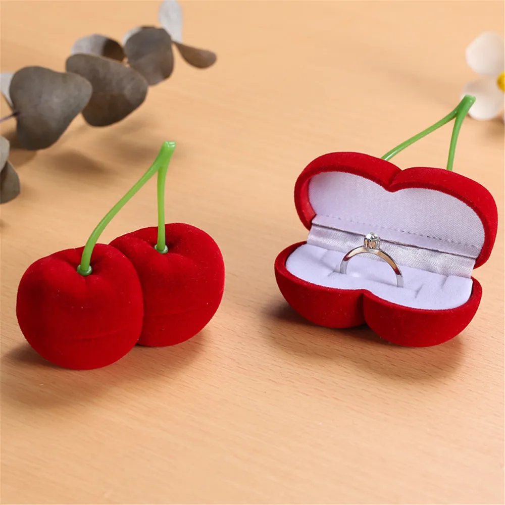

Cute Cherry Shaped Ring Box Velvet Jewelry Storage Case Wedding Ring Necklace Ear Stud Holder Display Anniversary Valentine Gift