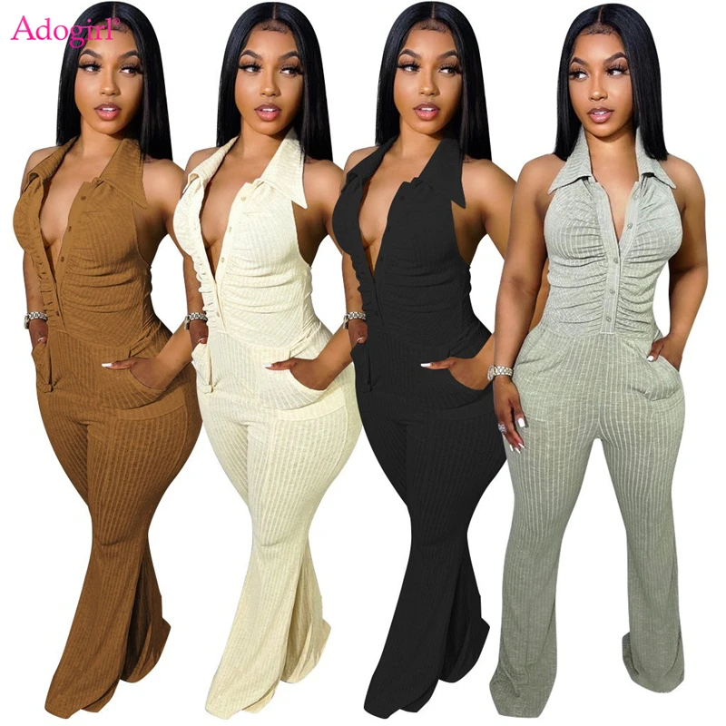 

Adogirl Solid Ribbed Wool Jumpsuit Women Sexy Button V Neck Turn Down Collar Halter Backless Ruched Pockets Flare Pants Overalls