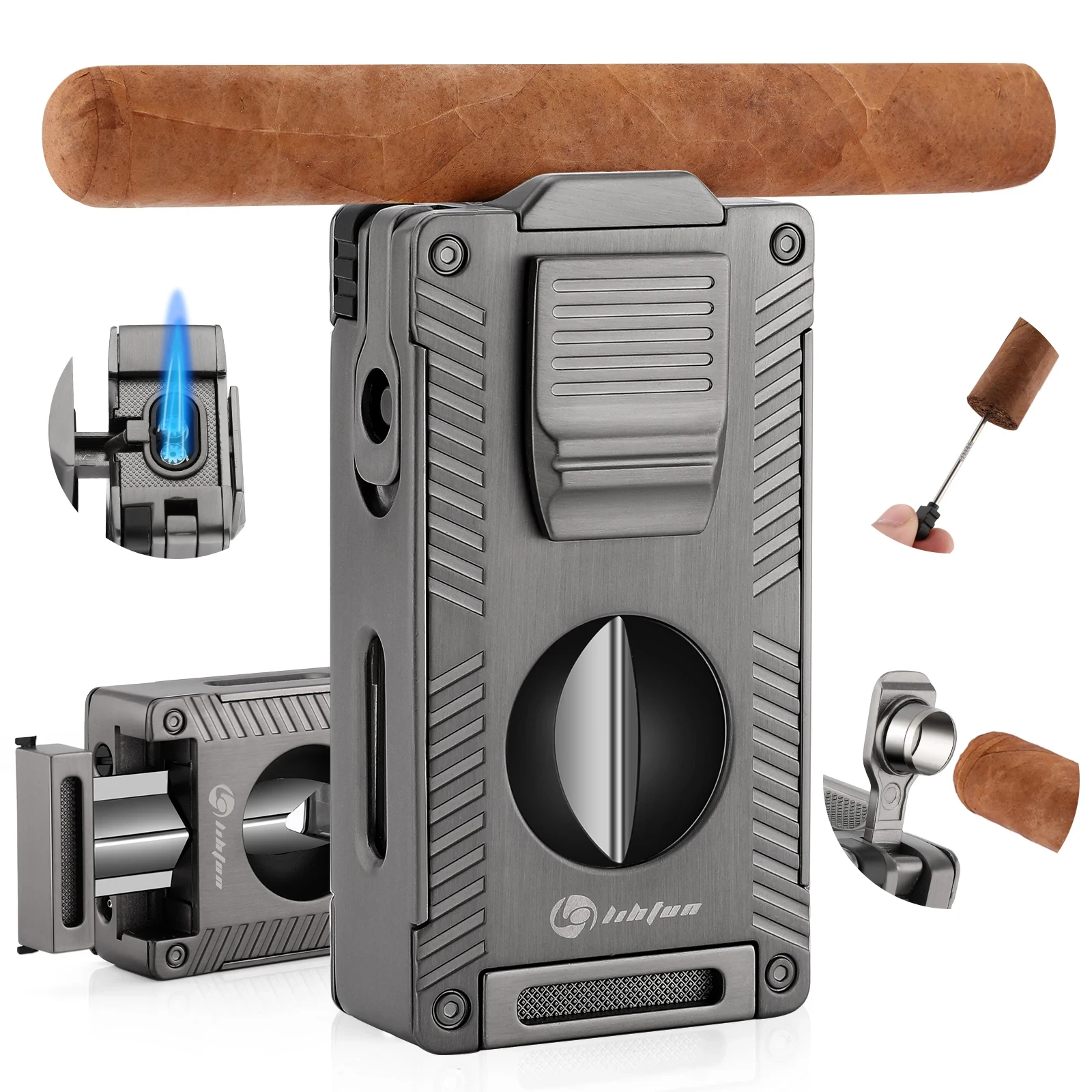 

Luxury Metal Turbo Lighter Portable Cigar Tool With Drilling Dual Fire Direct Punching V-Shaped Butane Gas Lighter Men's Gifts