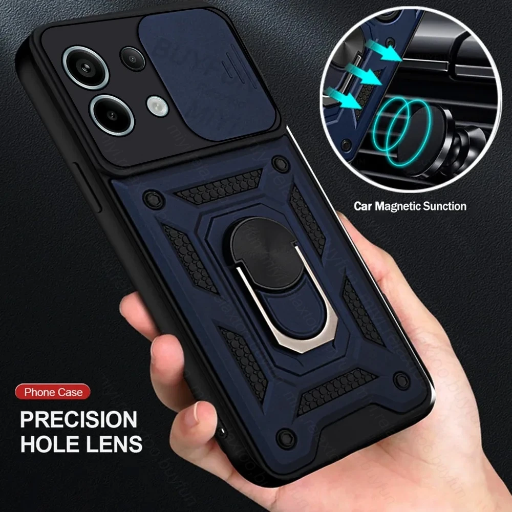 Armor Shockproof Slide Lens Case For Xiaomi Redmi Note 13 Pro 5G Magnetic Ring Holder Stand Cover Redmy Note13 Note13pro 5G 4G