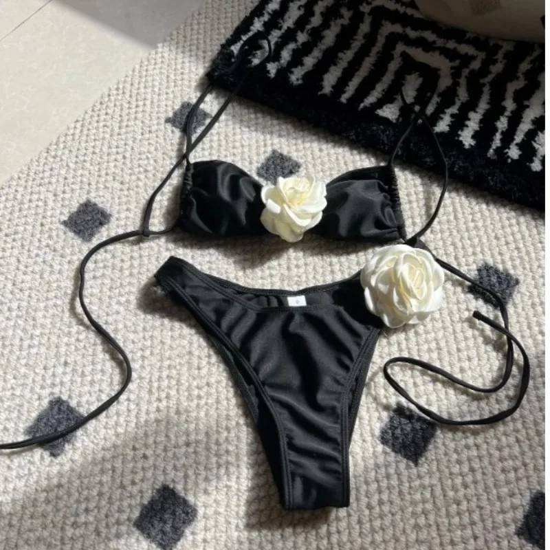 2024 Women's 2 Piece 3D Rose Bikini Swimsuit Spaghetti Strap High Waisted Bathing Suit Beachwear
