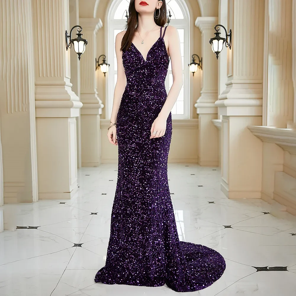 

Ceremonial Dress for Women 2023 Elegant Sexy Sequins Slim Solid Sleeveless Floor-Length Evening Party Vestidos Robes Bodycon