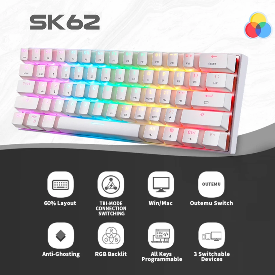 MOTOSPEED CK62 Teclado RGB De Modo Dual Con Cable + Bluetooth 3.0 Dual Mode Rgb Keyboard Cable Length 1.5m Style Red Sh