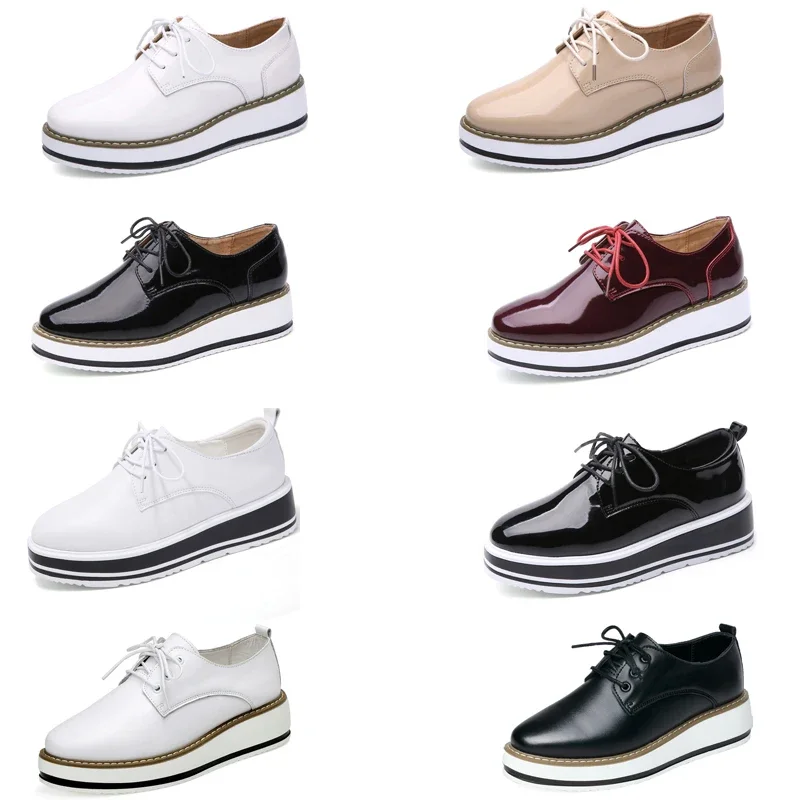 Spring Autumn Women Derby Platform Gold Flats Brogue Leather Lace up Classic Bullock Footwear Female Oxford Shoes Lady
