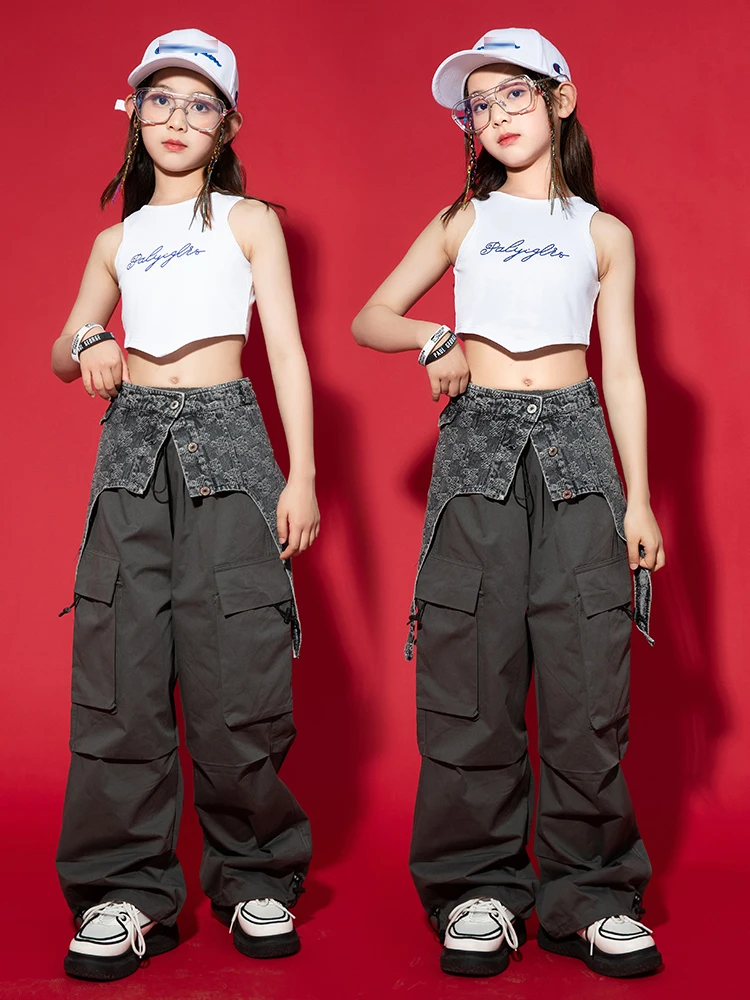 Kids Jazz Dance Costume Hip Hop Girls Clothes Crop Tops Cargo Pants Loose  Casual Concert Performance Stage Outfit B size 120CM Color Tops-Vest 2pcs