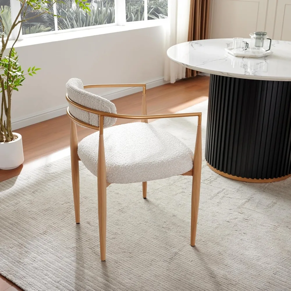 Boucle Dining Chairs Set of 2, Modern Armchairs with Wood Grain Metal Legs for Kitchen, Living Room, Restaurant 4