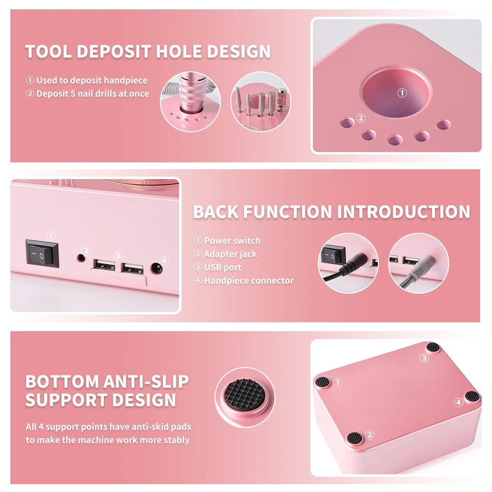 35000RPM Professional Low Noise Nail Drill Rechargeable Nail Art Electric Nail Drill Set Nail Art Tools Suitable for Home Nail 5