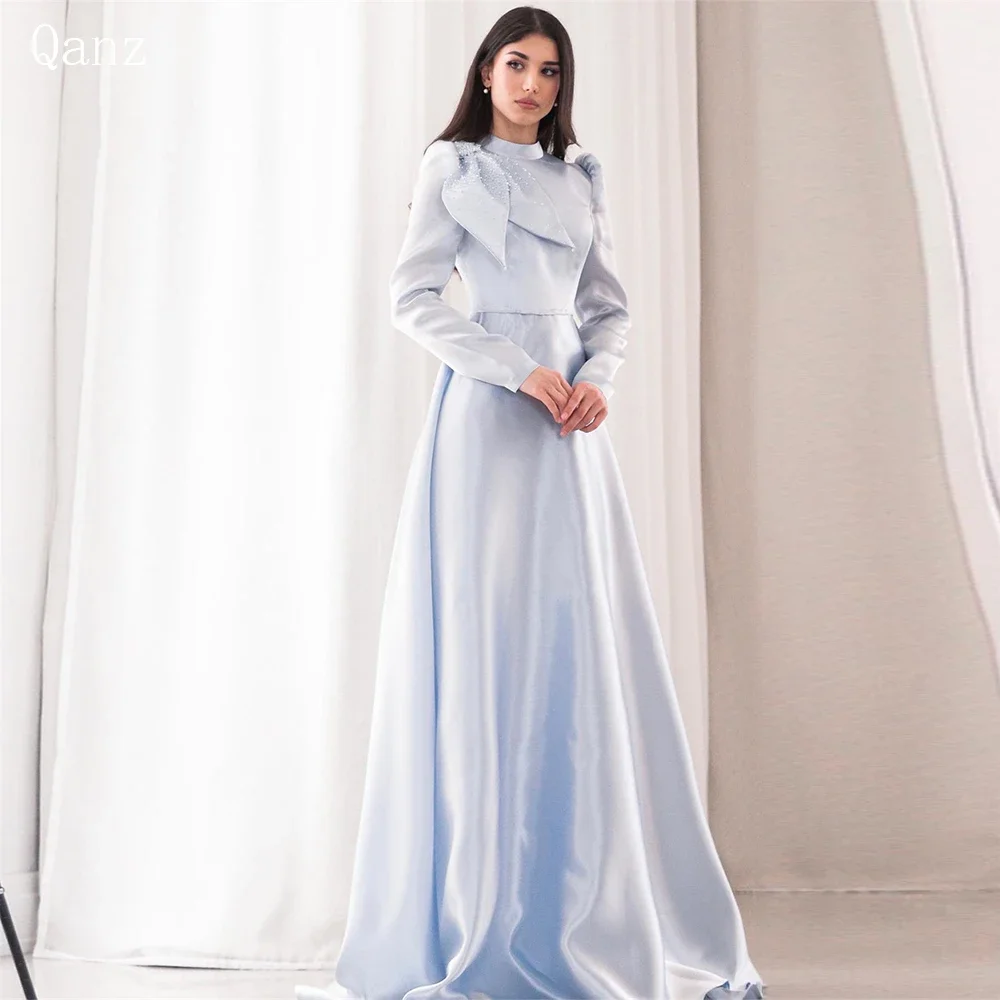 

Qanz Elegant Evening Dress Sky Blue Long Sleeves Prom O Neck Long A Line Sparkle Floor Length Bow Robe Soiree Femmes Luxe 2024