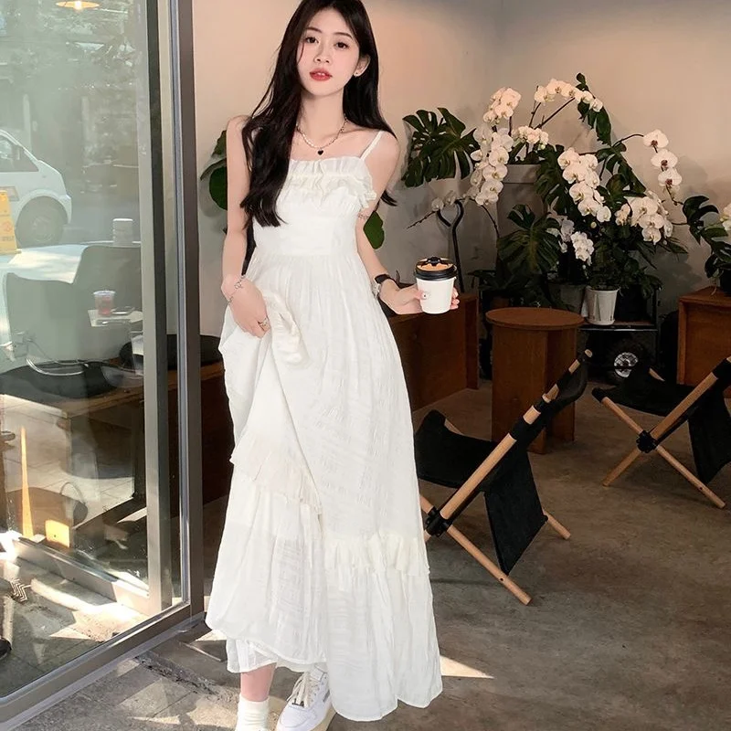 White Dress Women Sweet Ruffles Summer Sleeveless Princess Aesthetic A-line Sundress Holiday Leisure French Style Designed 2023