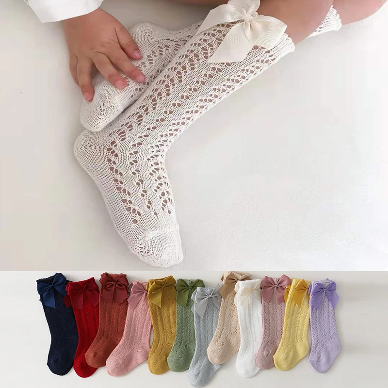 

Summer Baby Girls Socks With Bow Kids Long Sock Knee High Cotton Hollow Out Toddlers Mesh Children Princess Socken For 0-5Years