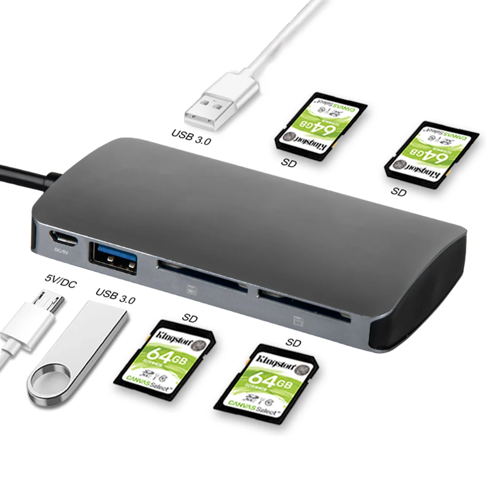 Multiple SD Card Reader, 4 Slot SD Card Reader and 2 USB 3.0 5Gbs for Computer,Support SDXC Up to 2TB SDHC Up to 256GB UHS-I