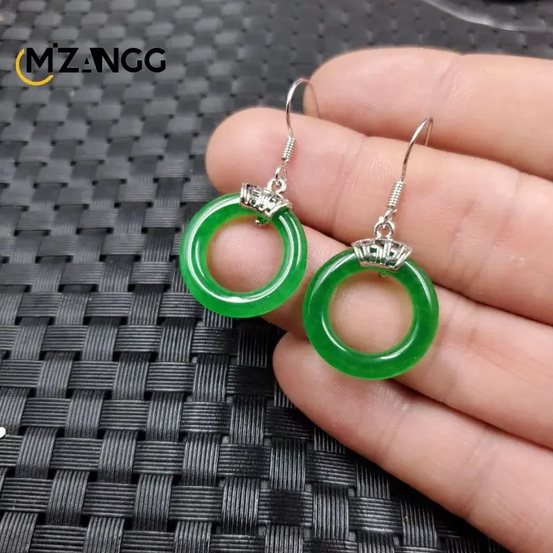 Natural Green Jade Earrings 925 Silver Inlaid Jadeite Ear Line Ladies Jewelry Gift
