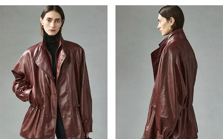 Women's Spring/Autumn Blouse Outerwear Jacket Faux Leather Jacket Double Collar Pleated Fitted Waist Retro Mid-Length Loose Fit