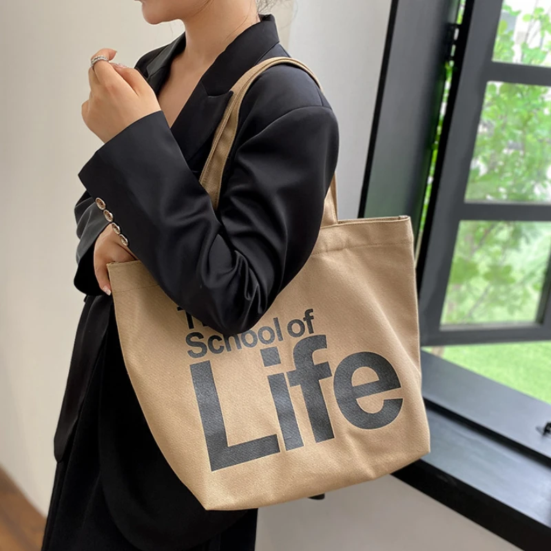Canvas Tote Large Capacity Shoulder Bag 2023 New Preppy Style Letter Printed Pattern Daily Commuter Trendy Shopping Storage Bag