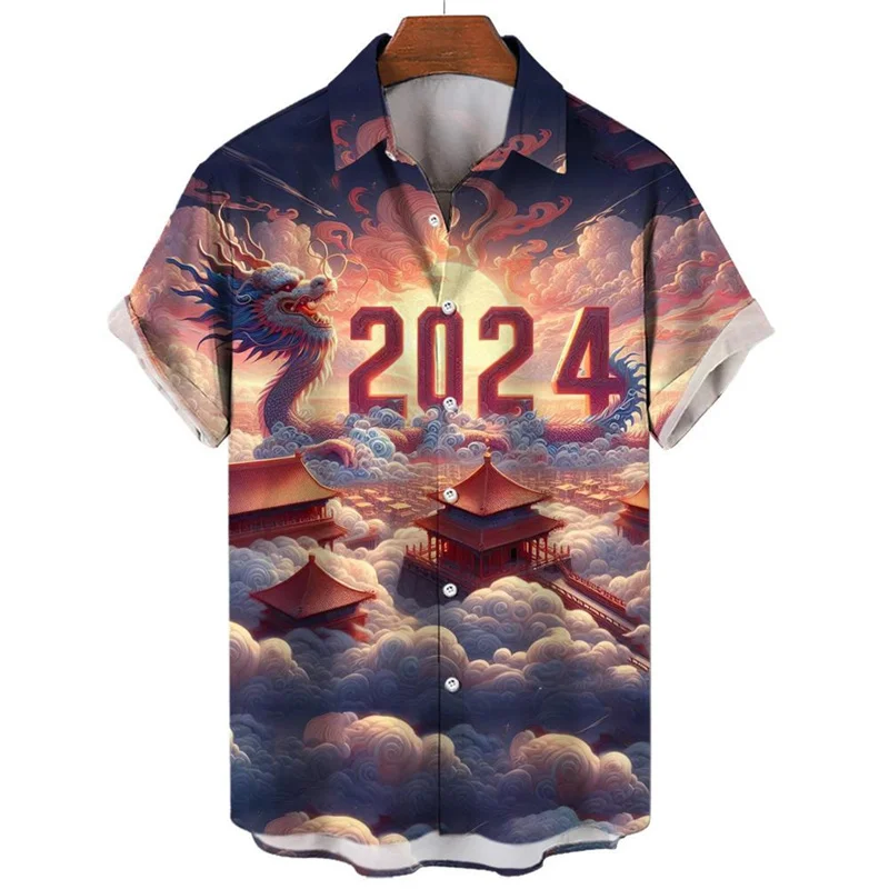 thumbnail image 1 of Camisa de dragón chino con estampado 3D de moda 2024 para hombre, camisa hawaiana de verano a la moda, blusa holgada con solapa y botones, 1 of 4