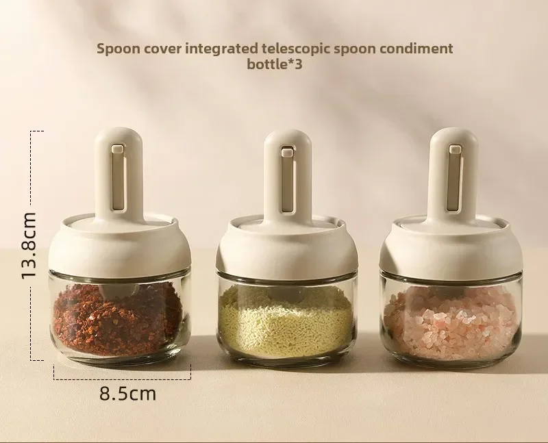 1pc Expandable Spice Jar Kitchen Spoon Lid Integral Glass Seasoning Jar Salt MSG Seasoning Box Seal Set