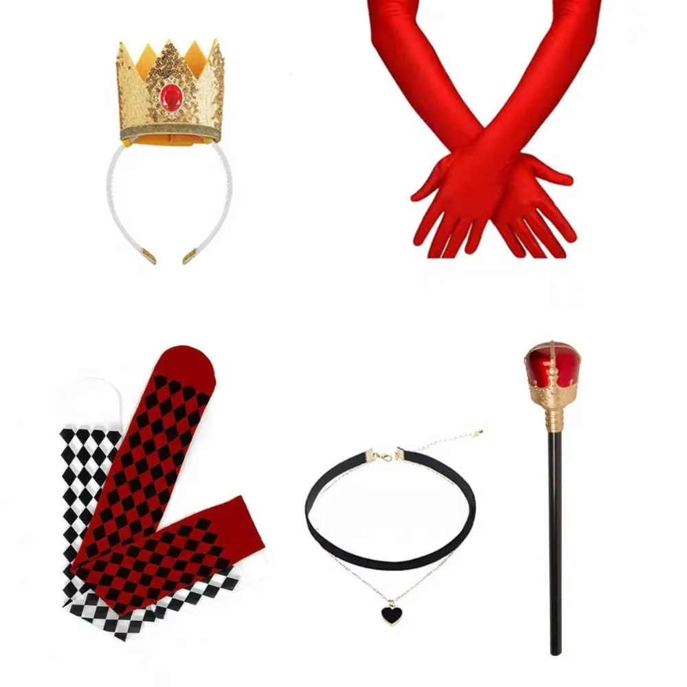 Role-playing themed party, party costume accessories: crown, red scepter, collar, red gloves, and plaid knee-high socks.