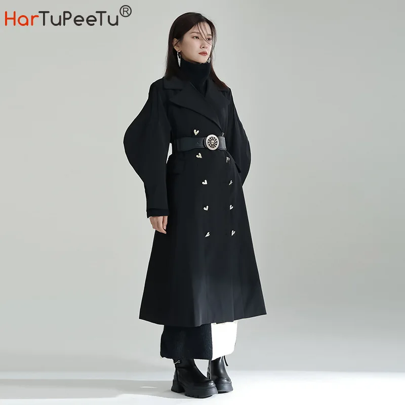 

Black Long Trench Coat Women Autumn Winter 2023 Wool Jacket Cotton Thick Puff Sleeve Heart Double-breasted Tunic Waist Outwear