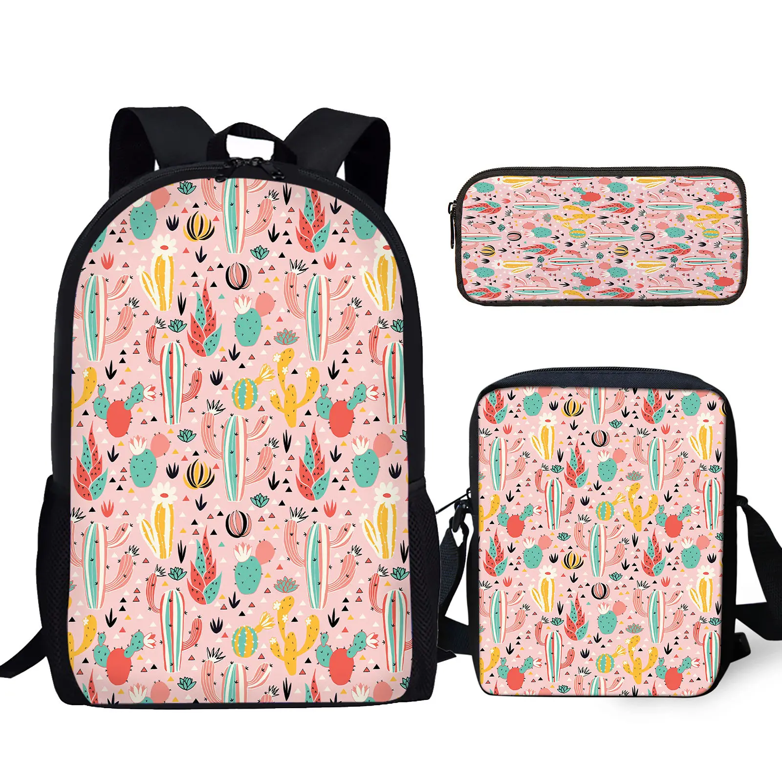 Fun Cartoon Cactus Potted Plant Printing 3pcs Back To School Gifts For Students Durable Brand Large Capacity Bag Messenger Bag