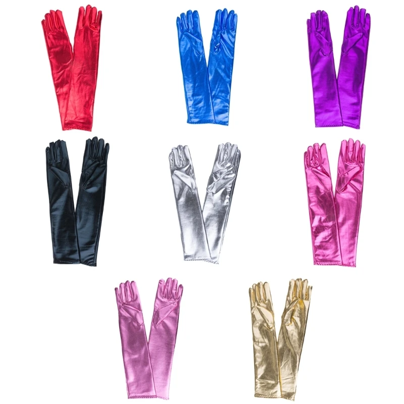 

Women Faux Leather Metallic Long Gloves for Evening Dance