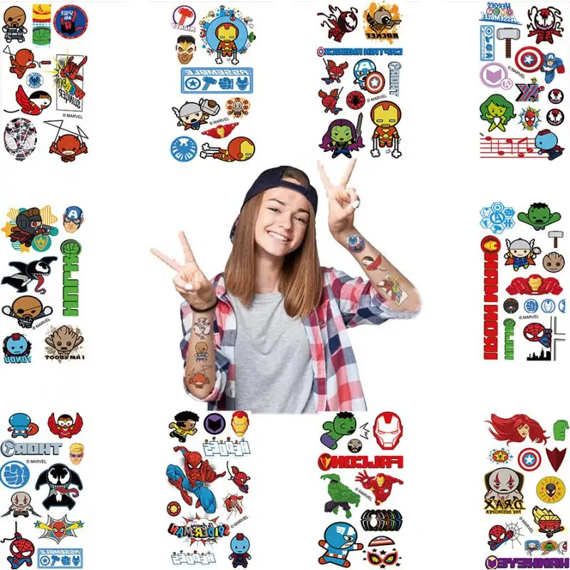 10Pcs/set Marvel Avengers Temporary Tattoo Stickers Spider Man Children Tattoo For Kids Birthday Gift