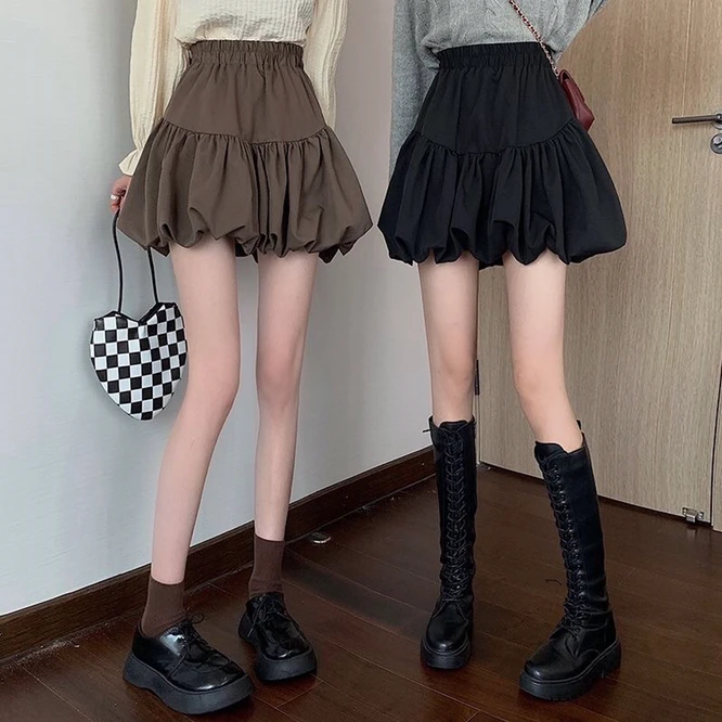 2021 Spring Autumn Design Bubble Bud Cloud Puffy Short Skirt Girl High Waist A-shaped Short Skirt Female Black summer skirts