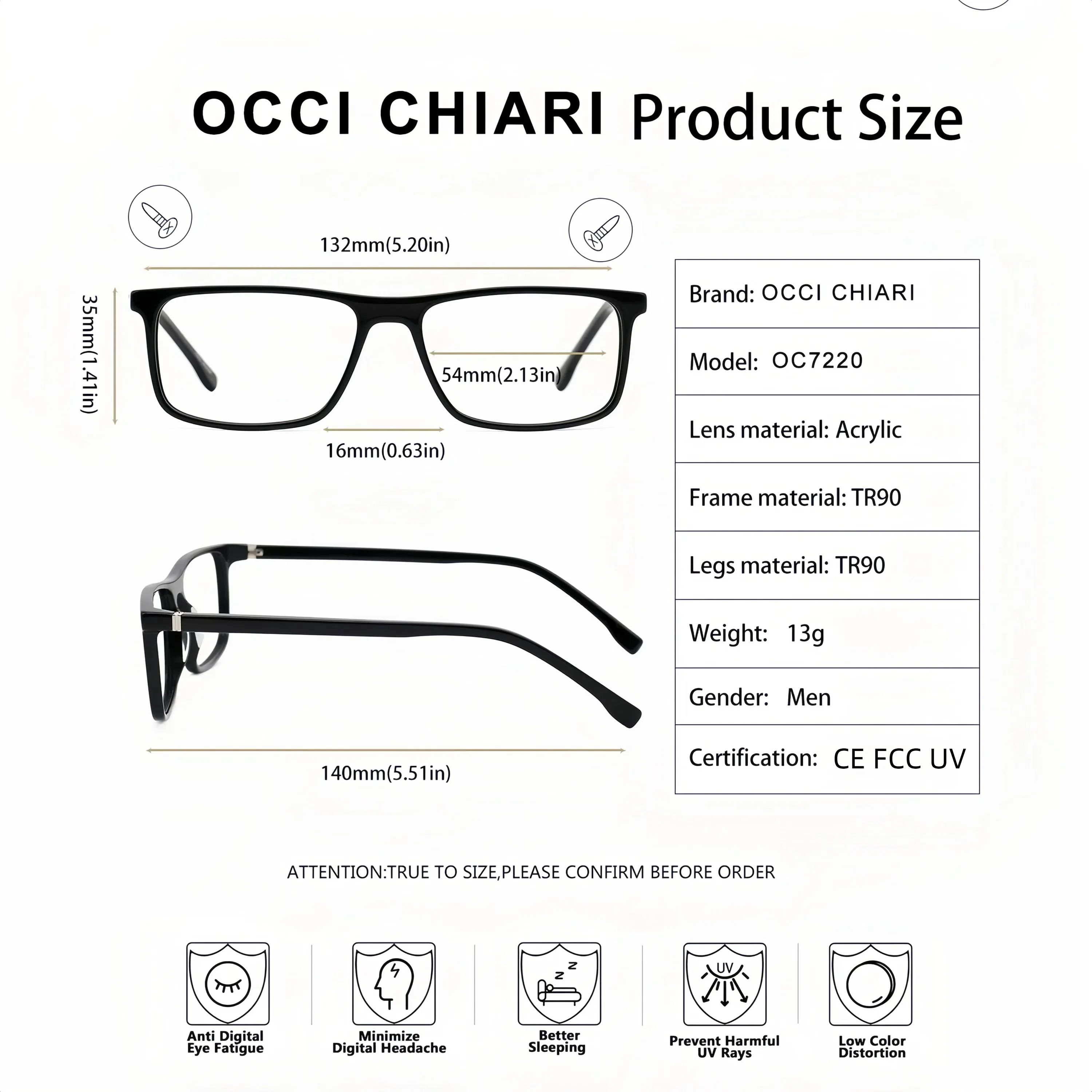 OCCI CHIARI Brillengestell für Herren, modisches, klassisches optisches Brillengestell, klare Gläser, schwarze Brille, Korrektionsbrille, Herrenmodell OC7222 – Detail 8