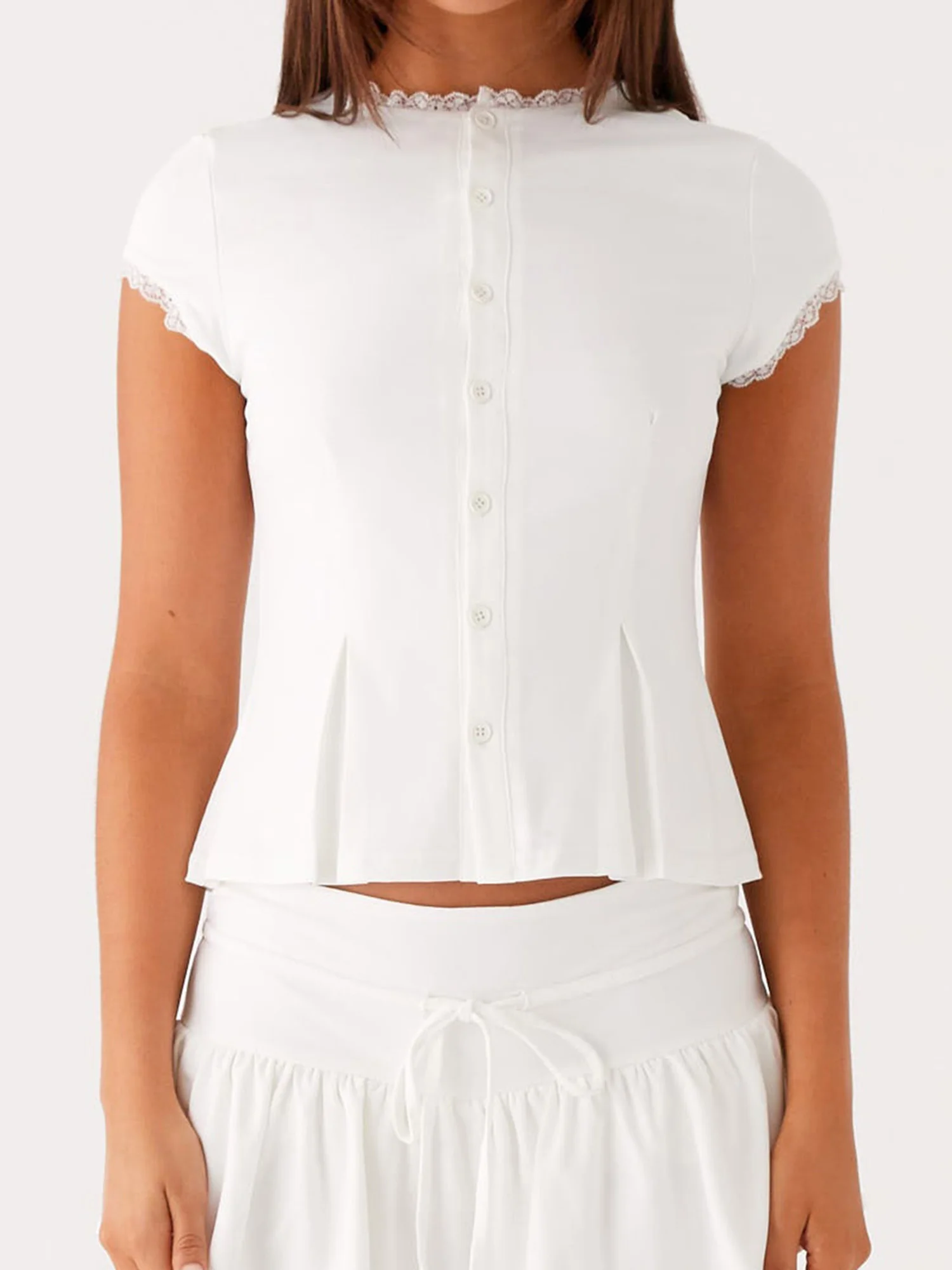 Elegant Floral Lace Blouse with Ruffled Cap Sleeves and Button-Up Front - Stylish Round Neck  Fit Shirt for Women