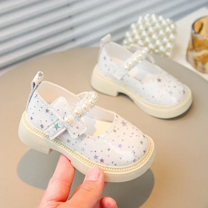 Leather Shoes for Kids Girls Bling All Over Stars Beading Rubber School Dress Shoes